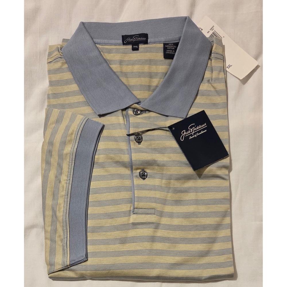 Vintage Jack Nicklaus Mens XXL Polo Shirt Yellow Blue Striped Mercerized Cotton